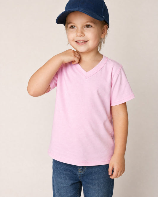 Sensitive Little Souls pink short sleeve V-neck t-shirt with fidget loop for kids with SPD/Autism. Cotton blend.