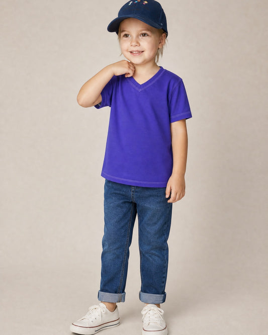 Sensitive Little Souls kids' purple short sleeve V-neck t-shirt with fidget loop, flat seams, tagless. Cotton blend.