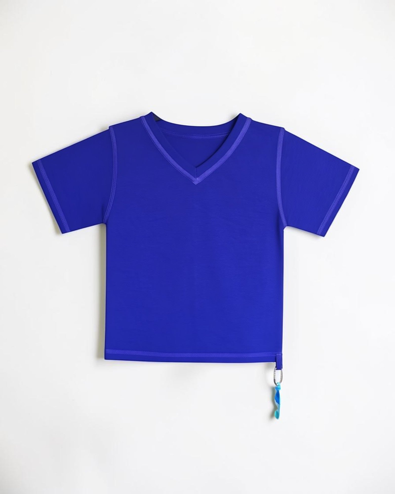 Sensitive Little Souls royal blue short sleeve V-neck t-shirt with flat seams and a fidget loop on the hem. Cotton blend.