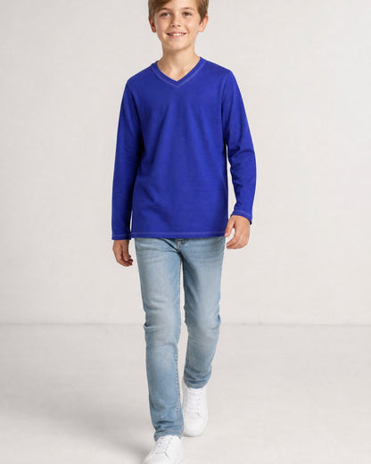 Sensitive Little Souls blue long sleeve V-neck t-shirt with flat seams and tagless design for kids.