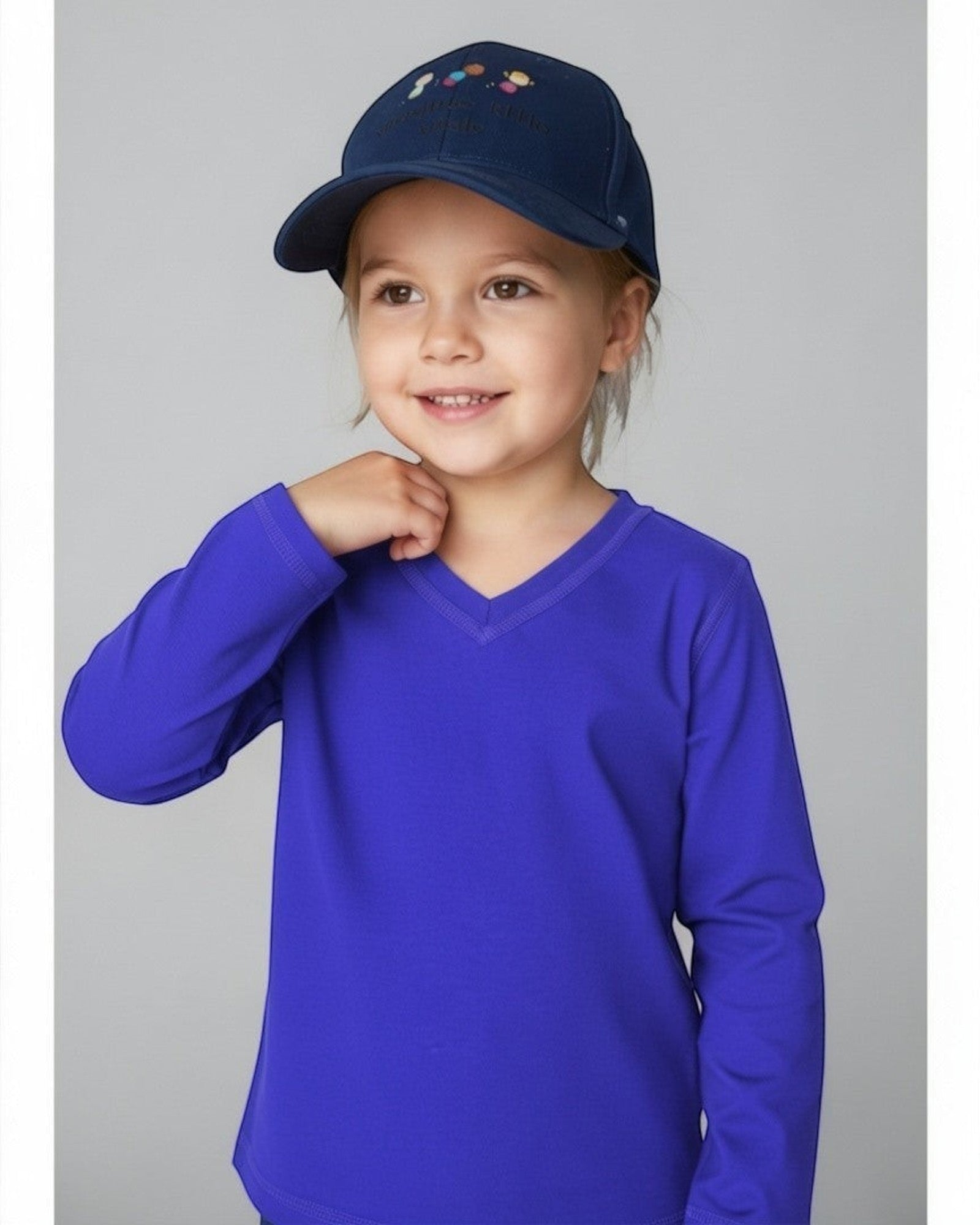 Sensitive Little Souls blue long sleeve V-neck t-shirt with fidget loop, made from cotton-polyester blend for kids with SPD/Autism.