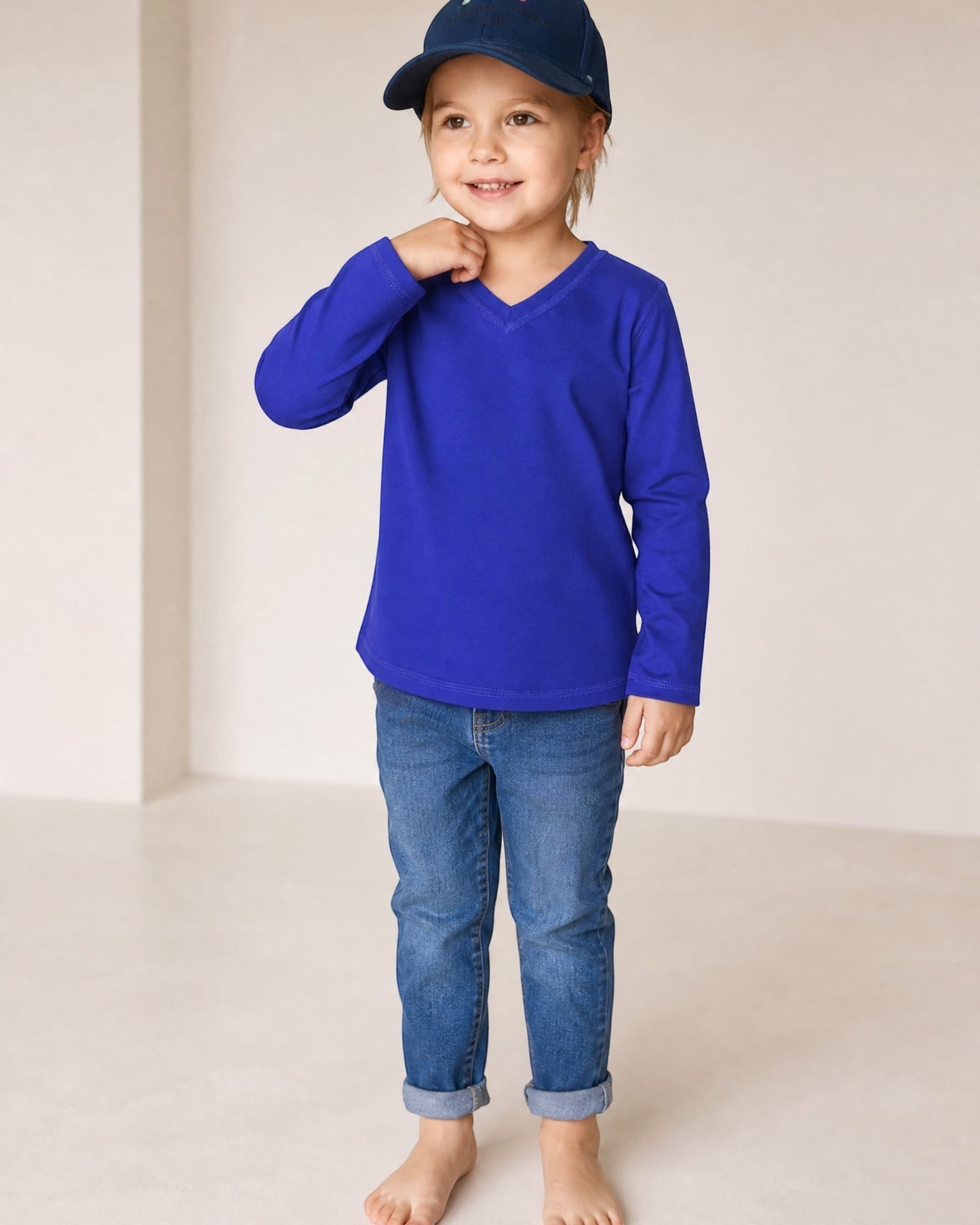 Sensitive Little Souls blue long sleeve t-shirt with V-neck and fidget loop, cotton blend, tagless for kids with SPD/Autism.