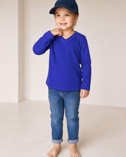Sensitive Little Souls blue long sleeve t-shirt with V-neck and fidget loop, cotton blend, tagless for kids with SPD/Autism.