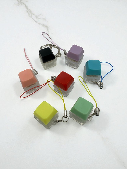 Sensitive Little Souls keyboard fidget clicker toys in various colors: black, peach, red, yellow, purple, teal, and green. Each has a clear base and a lanyard.