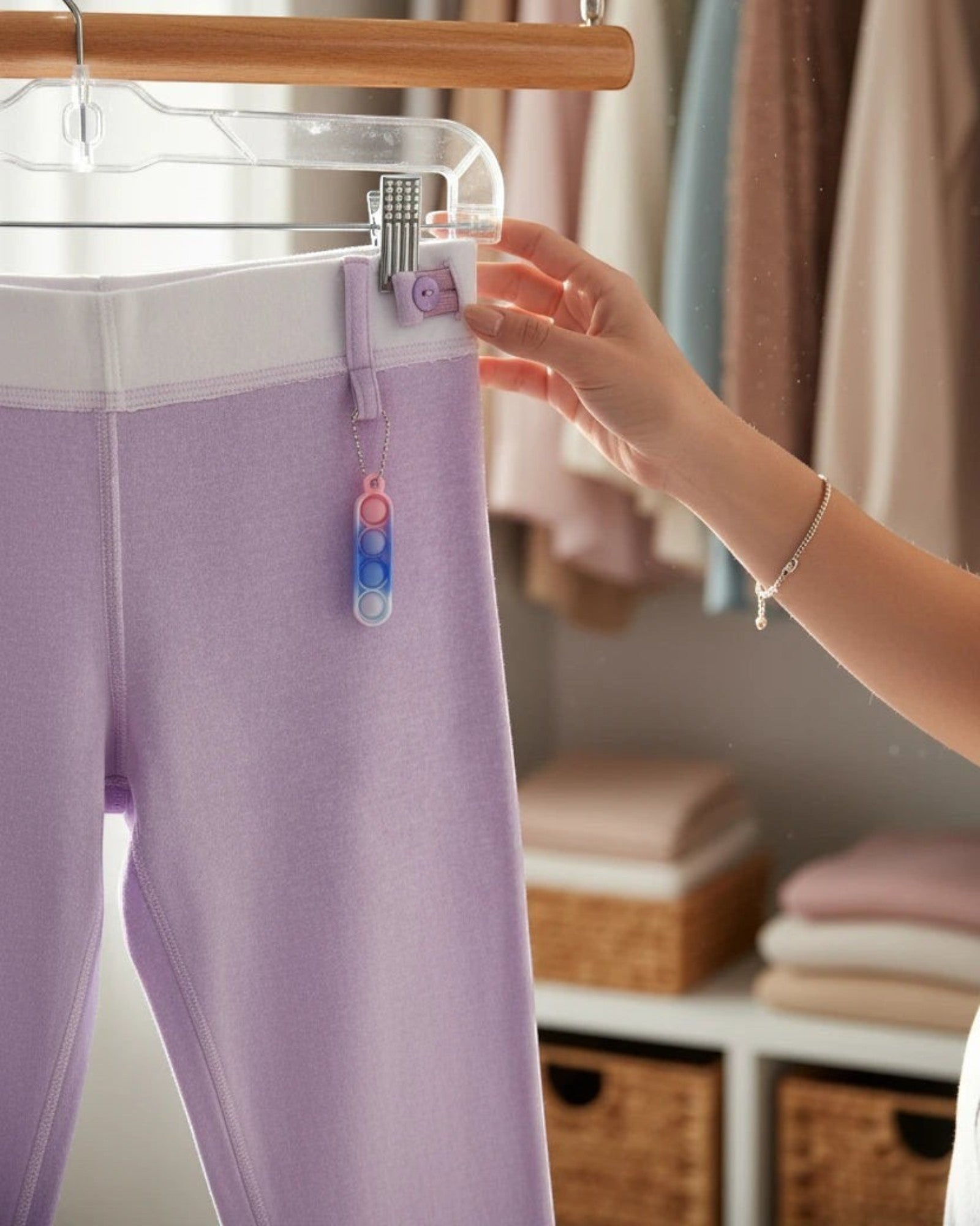 Sensitive Little Souls lilac fleece-lined joggers with fidget loop, adjustable waist, and tagless design.