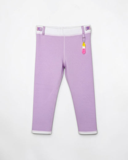 Sensitive Little Souls lilac fleece-lined adaptive leggings with adjustable waist and fidget loop.
