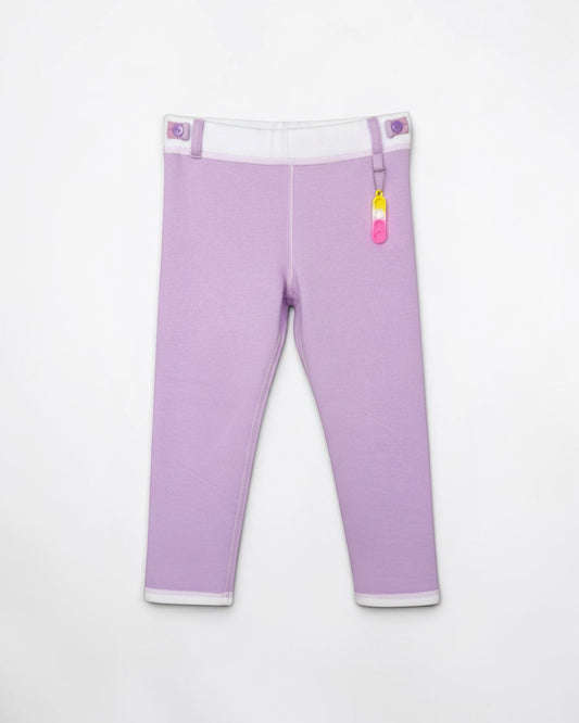 Sensitive Little Souls lilac fleece-lined adaptive leggings with adjustable waist and fidget loop.
