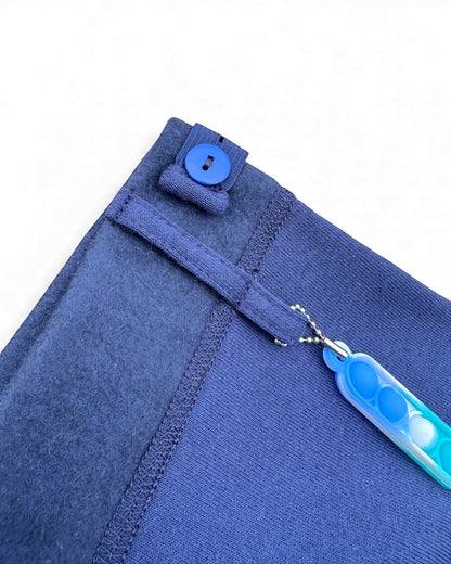 Sensitive Little Souls navy fleece-lined joggers with adjustable waist and fidget loop.