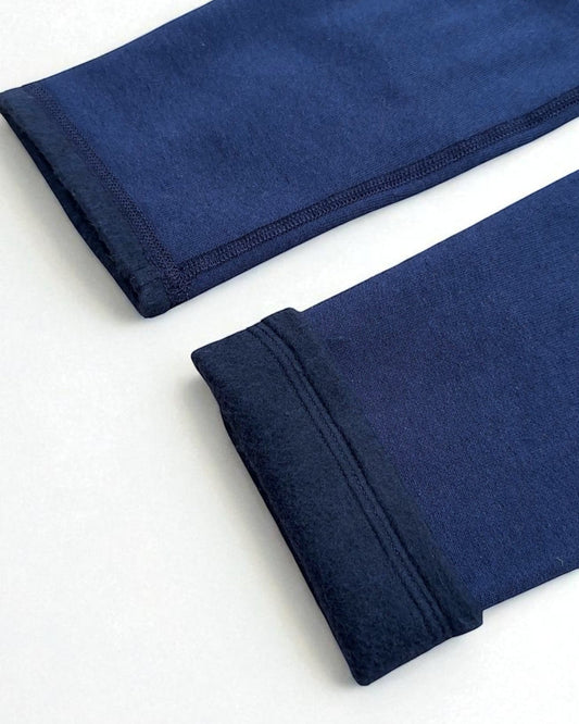 Sensitive Little Souls navy blue fleece-lined joggers with adjustable waist and fidget loop. Tagless.