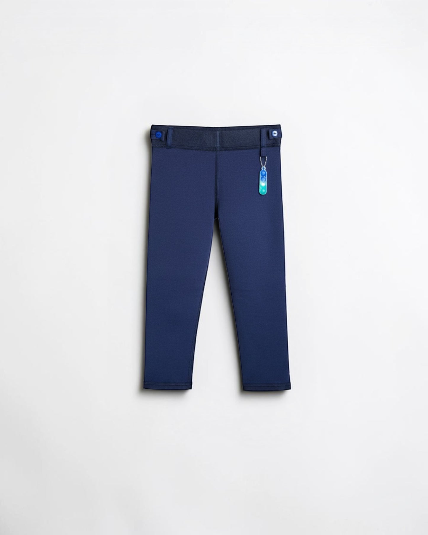 Sensitive Little Souls navy fleece-lined adaptive leggings with adjustable waist and fidget loop.
