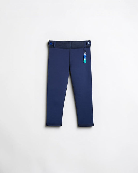 Sensitive Little Souls navy fleece-lined adaptive leggings with adjustable waist and fidget loop.