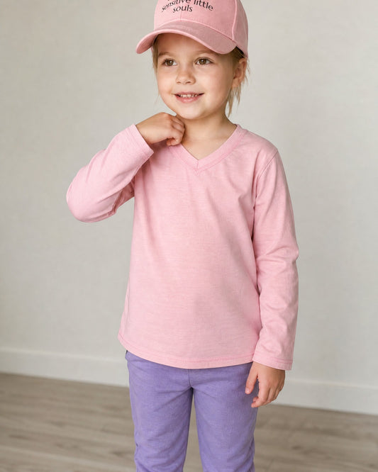 Sensitive Little Souls pink long sleeve t-shirt with V-neck and fidget loop, made from cotton blend for kids with SPD.