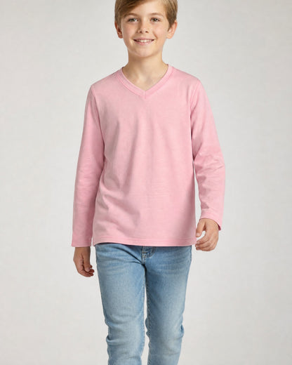 Sensitive Little Souls pink long sleeve t-shirt with V-neck and fidget loop, made from cotton blend for kids with SPD.