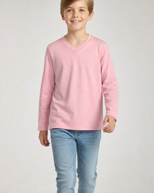 Sensitive Little Souls pink long sleeve t-shirt with V-neck and fidget loop, made from cotton blend for kids with SPD.
