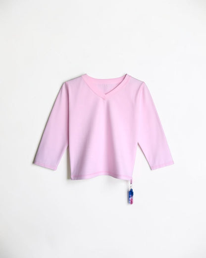 Sensitive Little Souls pink long sleeve t-shirt with V-neck and fidget loop, made from cotton-polyester blend.