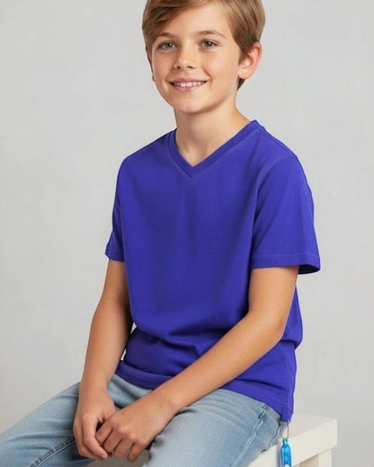 Sensitive Little Souls royal blue short sleeve V-neck t-shirt for kids with fidget loop. Cotton blend, flat seams, tagless.