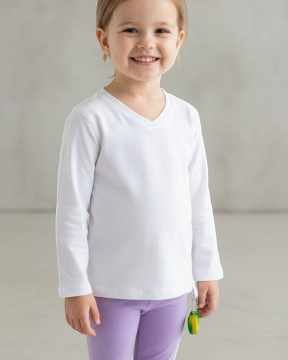 Sensitive Little Souls white long-sleeve adaptive t-shirt with V-neck and fidget loop, made from cotton-polyester blend.