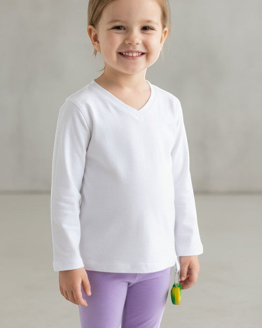 Sensitive Little Souls white long-sleeve adaptive t-shirt with V-neck and fidget loop, made from cotton-polyester blend.