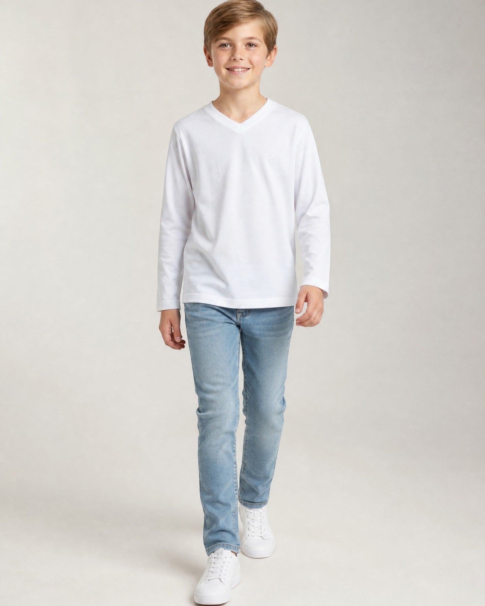 Sensitive Little Souls white long sleeve t-shirt with V-neck and fidget loop, made from cotton blend for kids with SPD/Autism.