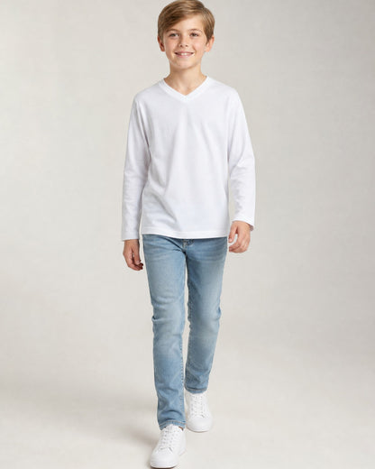 Sensitive Little Souls white long sleeve t-shirt with V-neck and fidget loop, made from cotton blend for kids with SPD/Autism.