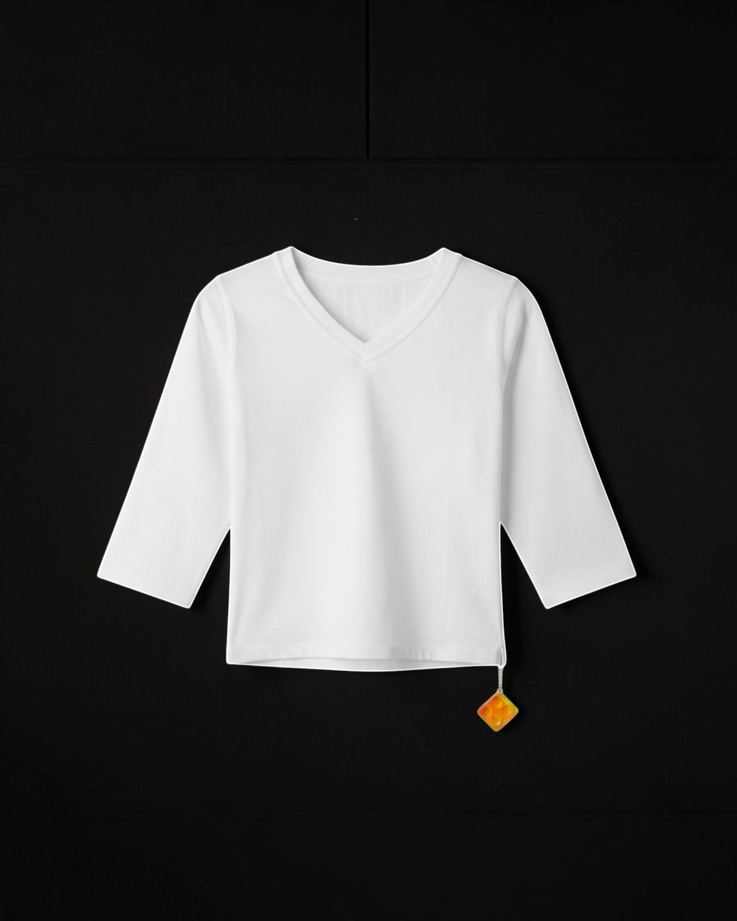 Sensitive Little Souls white long-sleeve adaptive t-shirt with V-neck and fidget loop. Cotton-polyester blend.