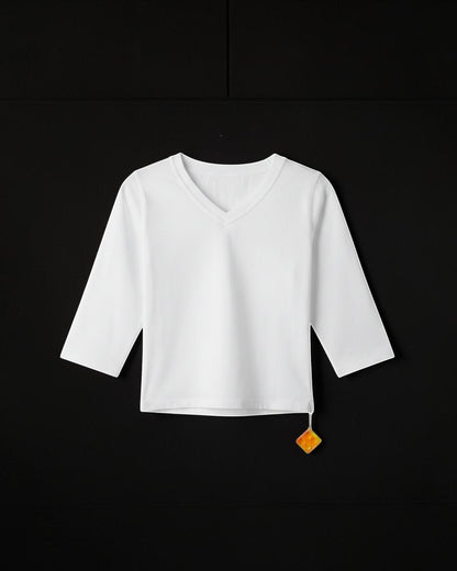 Sensitive Little Souls white long-sleeve adaptive t-shirt with V-neck and fidget loop. Cotton-polyester blend.