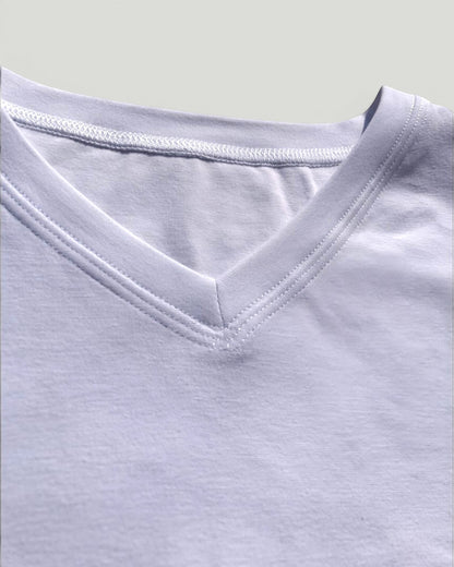 Sensitive Little Souls white cotton blend V-neck t-shirt with flat seams and tagless design.