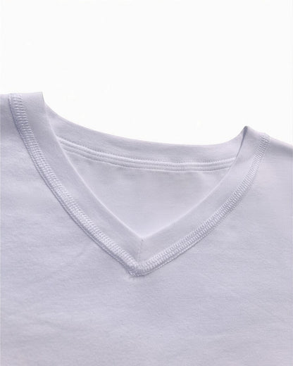 Sensitive Little Souls white cotton blend V-neck t-shirt with flat seams and tagless design.