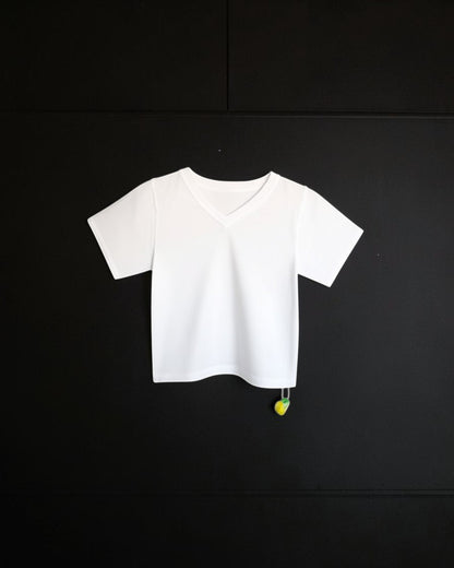 Sensitive Little Souls white short sleeve t-shirt with V-neck and fidget loop, made from cotton-polyester blend.