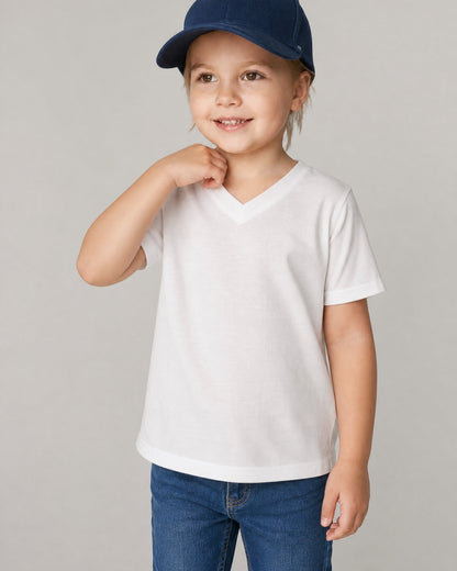 Sensitive Little Souls white short-sleeve V-neck t-shirt for kids, made from a cotton blend with flat seams and tagless design.