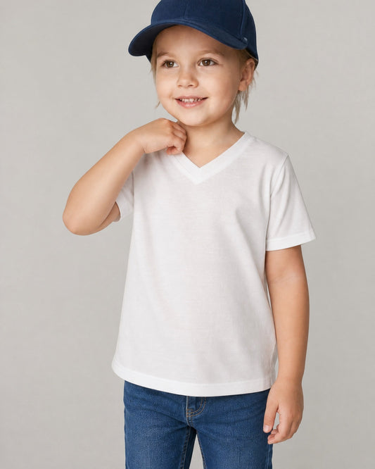 Sensitive Little Souls white short-sleeve V-neck t-shirt for kids, made from a cotton blend with flat seams and tagless design.